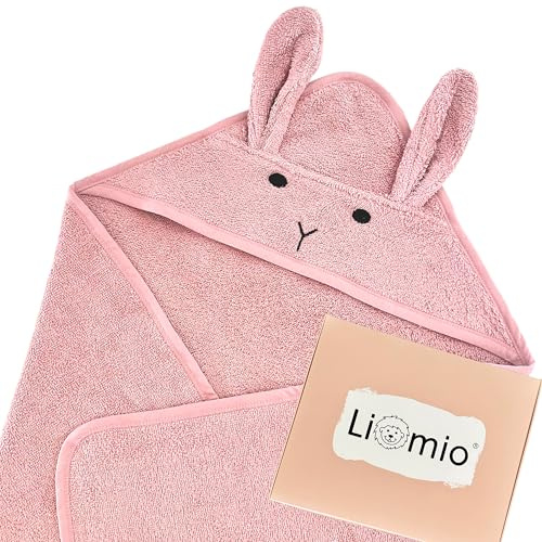 Liomio Kapuzenhandtuch Baby - Baby Handtuch mit Kapuze 100% Baumwolle [Oeko-TEX® 100] weich, kuschelig Baby Badetuch Babygeschenk (75x75cm, Hase - Rosa)