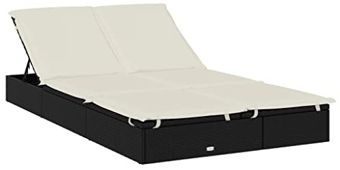 vidaXL Sonnenliege für 2 Personen, Gartenliege Verstellbare Sitzfläche, Liegestuhl Liege mit Auflage, Relaxliege Strandliege Gartenmöbel, Schwarz Poly Rattan