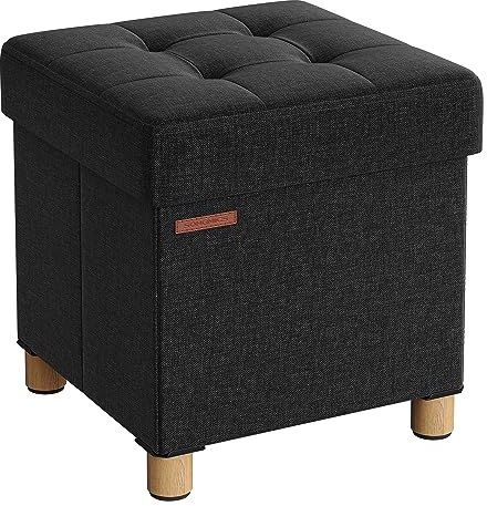 SONGMICS Sitzhocker mit Stauraum, kleine klappbare Sitzbank, 38 x 38 cm Fußbank, Aufbewahrungsbox, bis 300 kg belastbar, für Wohnzimmer Schlafzimmer Schlafsaal, tintenschwarz LSF014B11