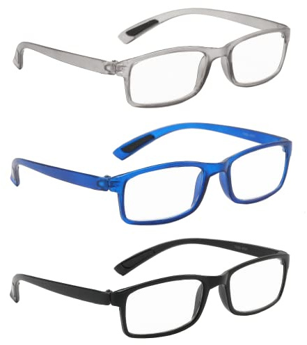 NRDIK PROFLEX SpareSpecs Reading Glasses (value 3 pack) - lightweight, impact resistant, scratch resistant, bendy, flexible, anti-slip, unisex (mens + womens) (black, blue, grey; classic; +2.5)