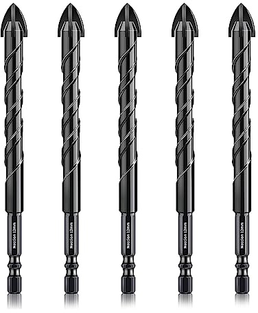 Meccion Forets pour Carrelage 12mm 5Pcs Forets Professionnels en Croix Carbure de Tungstène pour Carrelage, Brique, Verre, Porcelaine, Plastique, Bois, Ciment, Métal Doux