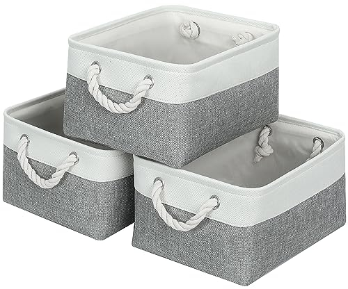 Patvingot Storage Baskets 14.1” x 10.2” x 7” for Shelves,Canvas Storage Boxes with Handles, Fabric Storage Bins for Organizing Home and Clothes, Office (Medium- 3 Pack, White/ Grey)