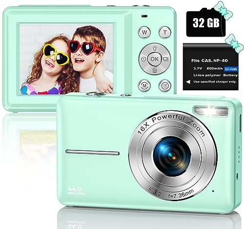 Cámara de Fotos, 1080P 44MP HD Cámara Digital, Cámara Digital Compacta con tarjeta Micro SD de 32 GB, Recargable Camara de Fotos Digital con Zoom 16X Camara Digitales Compacta para Niño, Adulto(Verde)