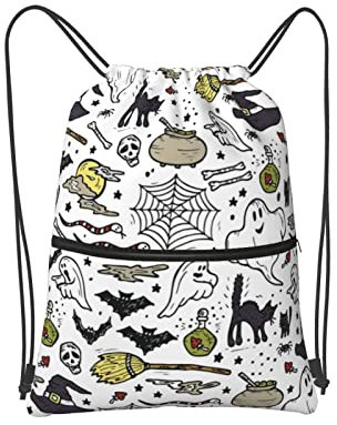 SJOAOAA Drawstring Bag Various Halloween Elements Drawstring Zipper Backpack Water Resistant String Bag Sports Sackpack Gym Sack With Side Pocket For Men Women