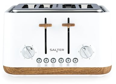 Salter EK5823WHT Toronto 4-Slice Toaster – Wide Slots, 6 Browning Levels, Removable Crumb Tray, Defrost, Reheat, Cancel, Self-Centring Function, High-Lift Eject, 1630 W, Wood Effect, Matt White