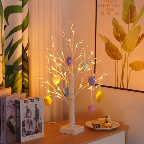 Easter Tree Lamp Lighted up Easter Decorations for Tabletop, Artifical Mini Birch Tree Bonsai Decor for Bedroom Bedside Fireplace Aesthetic,Battery and USB Dual Powered(Includes 8 Easter Eggs),23.6''