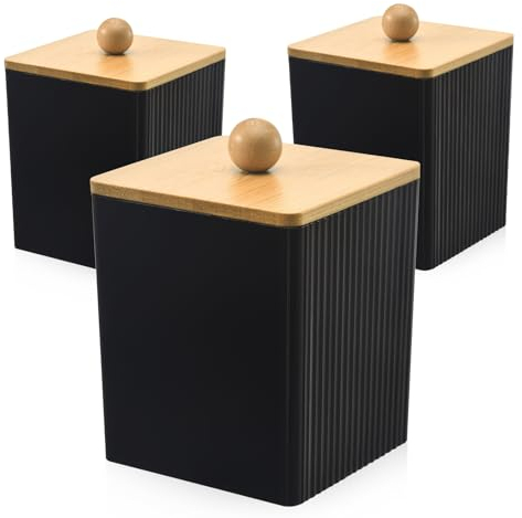 3 Stück Staubdichte Bambusabdeckung Wattestäbchen Behälter Schwarz, Robustes Acryl Wattepadspender, Multifunktional Wattepads Aufbewahrung, Badezimmer Organizer für Wattestäbchen Haarnadeln Wattepad