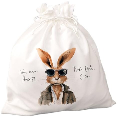 FEENSTAUB Ostersackerl, Ostern Geschenkverpackung Stoff, personalisierbar, Ostersäckchen mit Namen und Text, Geschenkbeutel Ostern, Alternative zum Osterkörbchen, bedruckt mit Osterhasen