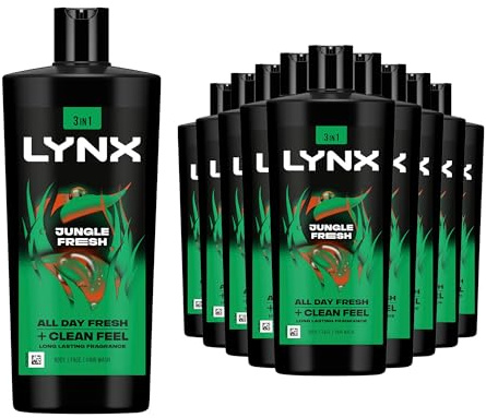 Lynx 3-in-1 Shower Gel Jungle Fresh 12 Hours of Long Lasting Refreshing Fragrance Body Wash with Plant-Based Moisturisers for Men for Naturally Soft Skin, 700ml Pack of 12