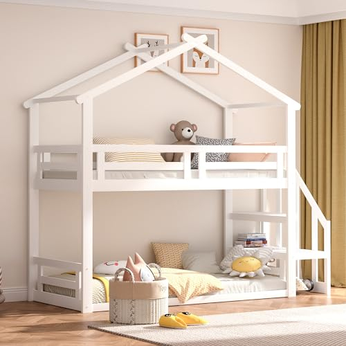 kubeier Kinderbett, Hochbett 90x200 mit Sicherheitstreppe, Spielbett, Hausbett, Etagenbett für 2 Kinder mit Rausfallschutz und Lattenrost, Funktionsbett Stockbett Hochbett Jugendhochbett