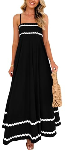 PRETTYGARDEN Women's 2025 Summer Flowy Maxi Dress Casual Sleeveless Spaghetti Strap Ruffle Beach Long Dresses (Black,XX-Large)