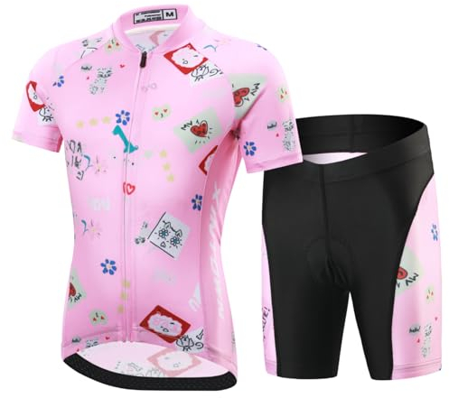 SXSHUN Jungen Radtrikot Set Kinder Mädchen Fahrrad Anzug Unisex Kurzarm Trikot+Radhose mit 3D Sitzpolster Atmungsaktiv Radsport Bekleidung, Rosa, 122-128