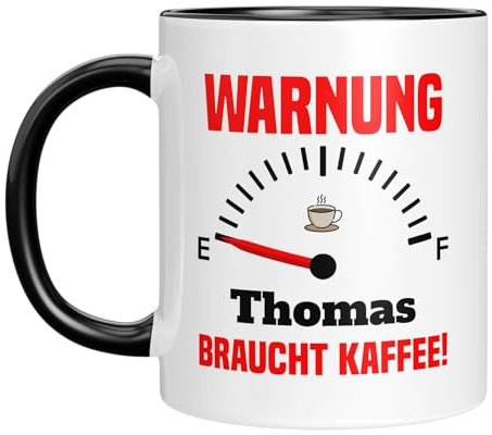 TASSENTICKER - Warnung, braucht Kaffee - Personalisiert - Geschenk - Tasse mit Spruch - Geburtstagsgeschenk - Geburtstag (Schwarz)