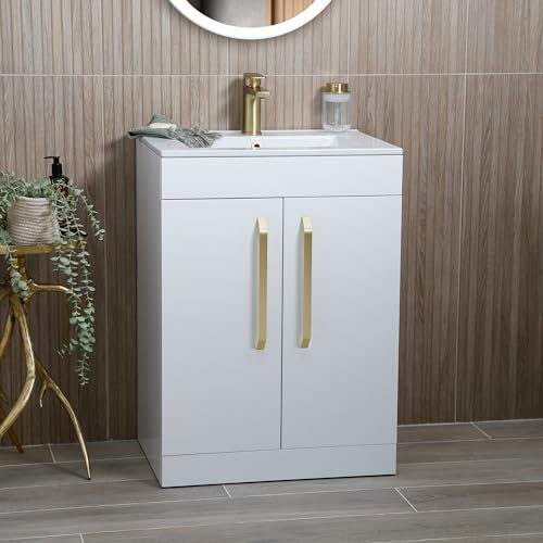 Go Bathrooms Valta 615mm White Vanity Unit Under Sink Bathroom Cabinet Fully Assembled Includes Ceramic Basin Sink Floor Standing with Gold Handles Gold Basin Tap & Pop Up Waste