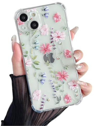DEFBSC Case for iPhone 14, Cute Clear Floral Flower Pattern Design for Girls Women Slim Fit Shockproof Soft TPU Bumper Protective Cover - Pink