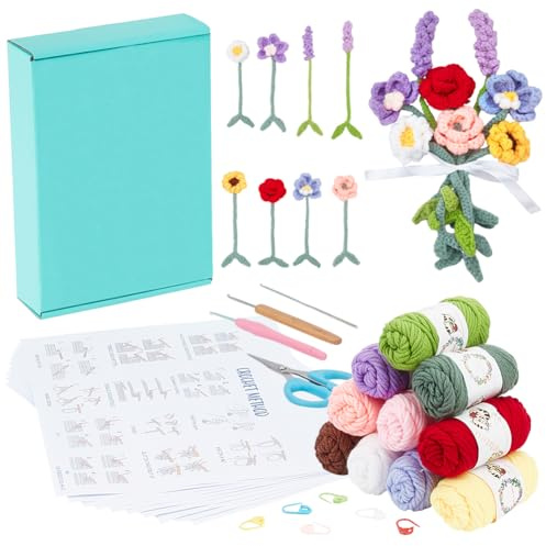 ORIGACH Set di 8 segnalibri all'uncinetto per principianti e adulti, fai da te, orchidea, rosa, girasole, lavanda, kit per realizzare bouquet di fiori, segnalibri con video tutorial passo dopo passo,