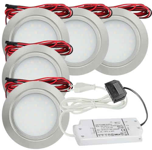Lichtfaktor24 5er Set LED Möbel Einbaustrahler 12V ultra flach 2.4W Einbauleuchten Mila 160lm mit LED Trafo und 230V Zuleitung 3000K Warmweiß Lochausschnitt: 58 bis 60mm Silber Plug and Play Spots