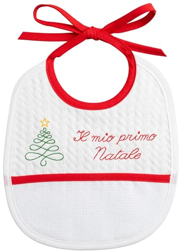Filet - Weihnachtslätzchen für Babys zum Besticken mit Stickerei il mio primo Natale und Weihnachtsbaum mit Stern, Schleifenverschluss, Made in Italy