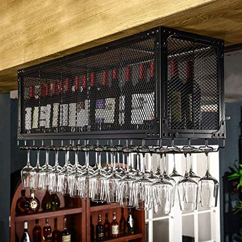 XCHSXYL Weinregal für die Decke, hängendes Flaschenregal für Retro-Bars, Lagerregal für Weinschränke mit Metallgitter (Schwarz 60 × 35 cm × 45 cm)