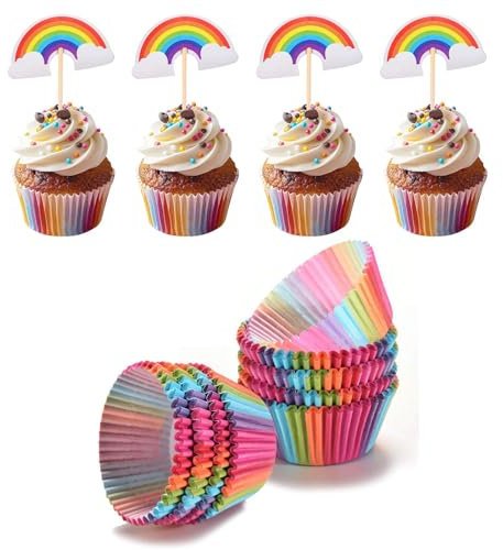 Caissettes à Gâteau Arcenciel pour Cupcake et Muffins - Lot de 100 en Papier avec 10 Décorations pour Pâtisserie, Anniversaire et Enfants