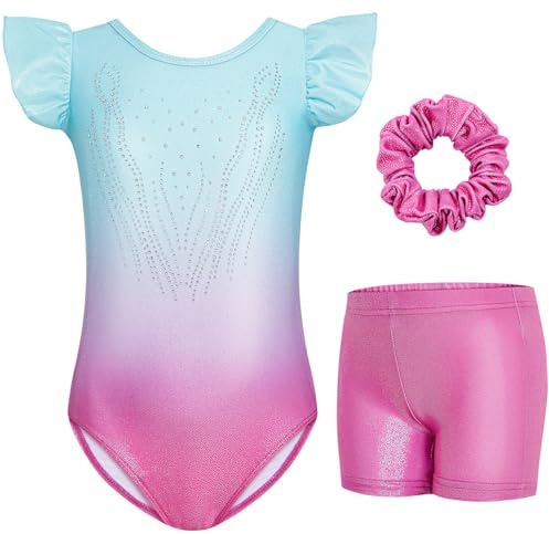 Gogokids Girls' 3 Piece Flutter Sleeve Gymnastics Set - Kids Gymnastics Leotards with Gradient Sequin & Glitter Design, Gymnastics Costumes Set Includes Leotard, Shorts and Hair Tie for Ages 3-12