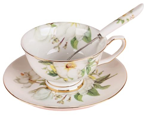Tadoiooy Teacup and Saucer Set with Spoon, Vintage Floral Pattern Tea Cup and Saucer Set, 180ml Ceramic Teacup for Teahouse, Cafe & More