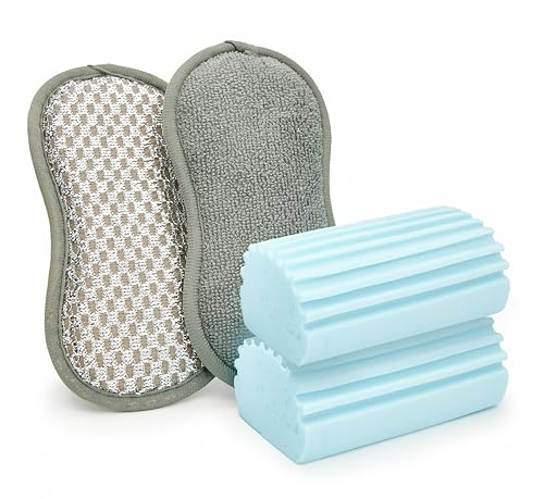 SEIBUR® 2 Spugne magiche cattura polvere + 2 spugne per piatti | SPUGNA MAGICHE ATRAPAPOLVE + 2 SPONIGLIE Lava Piatti | Kit di igiene, spugna e spolverino umido per la casa (blu)