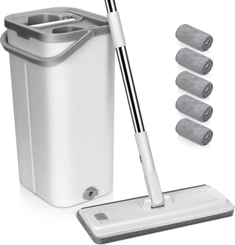 MASTERTOP Juego de Fregona y Cubo, Fregona Plana Cubo con 5 Paños de Microfibra, para Limpiar Suelos de Madera, Laminados, Azulejos y Mármol (Blanco)