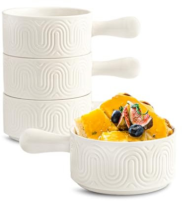 INSETLAN 18oz Soup Bowls with Handle, French Onion Soup Bowls with Handle Set of 4, Ceramic Arch Design Bowls for Soup, Chili, Beef Stew, Chip Resistant, Dishwasher and Microwave Safe (18oz)
