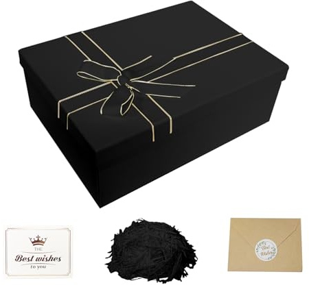 Guartinx Geschenkbox Mit Deckel Groß 29x22x10.5, Schwarze Geschenkbox mit Schleifen, Raffia, Grußkarten, Geschenke Box Set für Geburtstage Hochzeiten Valentinstag Muttertag Halloween Weihnachten