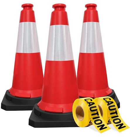 Berry 75CM Traffic Cones with 2” x 50 meter Caution Tape | High Visibility Safety Cone with Reflective and PVC Black Base, 30 Inch PE Portable Road Cones for Street (Set of 3)