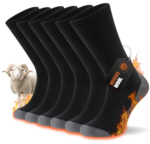 EconioSocken Merino Wool Walking Hiking Socks for Men Women, Thick Cushioned Thermal Warm Socks, Breathable Winter Cozy Crew Work Sports Running Outdoor Sock 3 Pair Black 6-8
