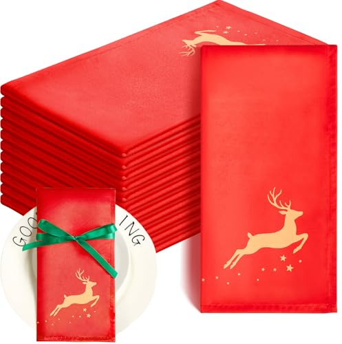Panelee 12 Stück 43 x 43 cm Weihnachten Servietten Weiche Bequeme Stoffservietten Wiederverwendbare Satin Tischservietten für Zuhause Restaurant Party Deko(Goldener Hirsch)