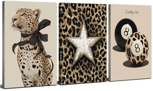 Set of 3 Beige Fashion Wall Art Aesthetic Room Decor Funky Leopard Pictures Wall Decor Minimalist Lucky 8 Ball Canvas Posters Trendy Preppy Paintings Artwork for Bedroom Living Room Decoration 12x16”