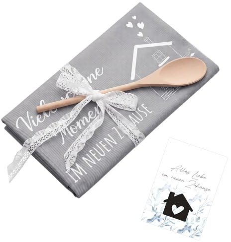 Nilioyul Geschenkset zum Einzug, Einzugsgeschenke Haus Viele Schöne Momente im Neuen Zuhause Geschirrtuch Karte Kochlöffel aus Holz Spitzenband, Einzugsgeschenke Einweihungsgeschenk Umzug Neue Wohnung