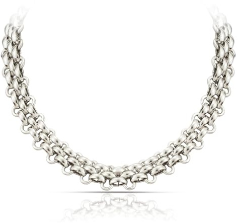 SAGA GIOIELLI® Collana donna a catena intrecciata argentata in Acciaio inox – Lunghezza 39+5,5 cm Confezione Regalo (spessore 13 mm)