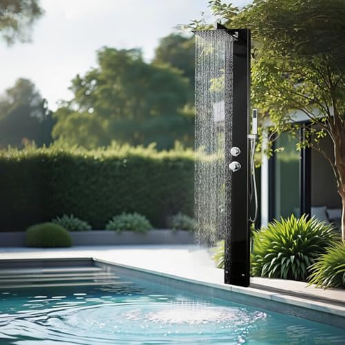 Doccia da giardino in acciaio inox 304 con miscelatore monocomando in vetro temperato nero e doccetta senza piastra di base, sistema doccia esterno
