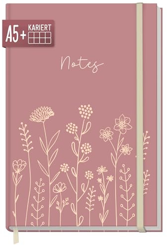 Häfft paper&you® Notizbuch A5+ kariert Journal Fine Flowers rosé | Notebook mit 156 karierten Seiten und Gummiband, 100g/m² Papier - für Tagebuch, Notizen und kreative Listen