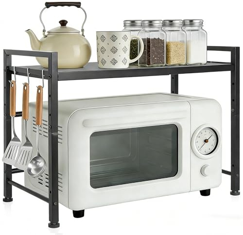 FREEAMG 2-Tier Expandable Microwave Oven Rack - Height Adjustable Microwave Oven & Air Fryer Rack with Hooks & Non-Slip Pads, Carbon Steel Organiser for Pots, Pans & Spices Storage, Black