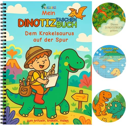 Krakelsaurus Kritzelbuch Dinosaurier A5 für Kinder ab 1 Jahr – mit Inhaltsverzeichnis, Zeichenblock mit Spiralbindung, Malblock 60 Blatt mit 2 Papierstärken: 120g (Buntstift) & 210g (Filzstift/Pinsel)