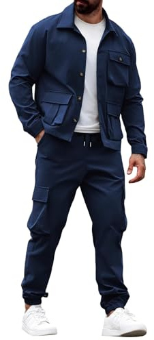 Generico Completo Tuta Da Uomo Set Di Tuta Uomo Due Pezzi Giacca Da Lavoro Con Tasca Multifunzionale E Pantaloni Cargo, Set Casual Da Jogging Abbigliamento Sportivo Per Fitness, Allenamento, Sport