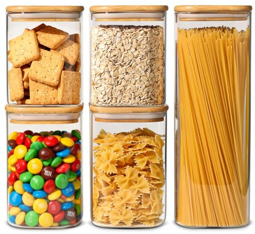 ComSaf Barattoli in Vetro con Coperchio in Bambù 800-2100 ml Set da 5 | Contenitori per alimenti, Forma quadrata salvaspazio, Pasta, Farina, Cereali, Riso, Scorte alimentari, Dispensa di famiglia