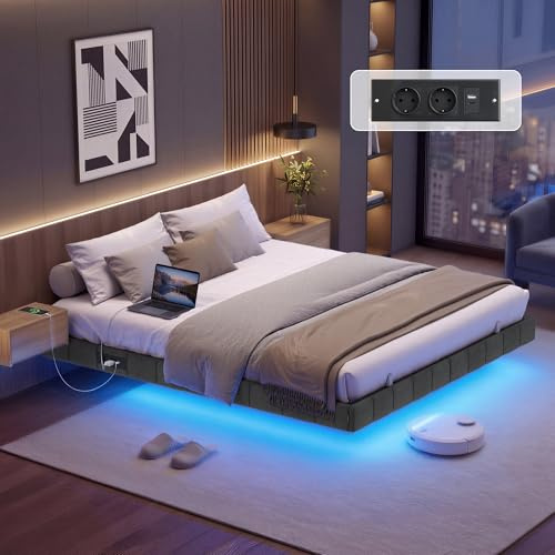 VASAGLE Struttura Letto Effetto Fluttuante 160 x 200 cm, Bordi Imbottiti, LED, 2 Prese AC, 1 Porta USB-A, 1 Porta USB-C, 1 Porta USB-A sul Retro, Portata 500 kg, Grigio Ardesia RMB165G101