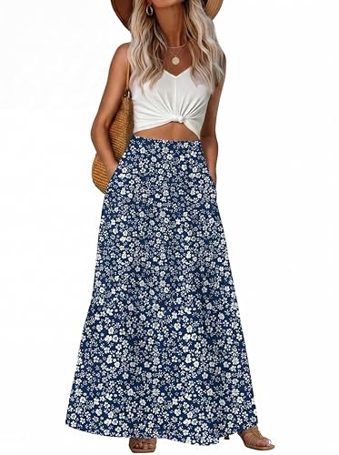 GRECERELLE Womens Summer Long High Waist Boho Skirts Ladies Causal Maxi Casual Elasticated Elegant Flowy A Line Skirt with Pockets for Women UK (Blue White Flower, L)