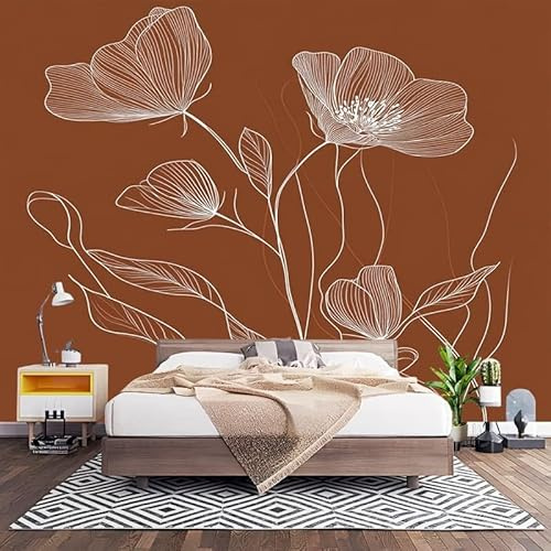 Papel Pintado Panorámico Fotomurales Flores de LíNeas Minimalistas 250x175 cm, Murales de Pared Decoración Póster in Tejido No Tejido MarróN Personalizado 3D Para Salón Dormitorio Oficina