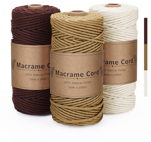 Hilo Macrame 3mm x 100m, Juego de 3 Cuerdas en Marrón, Mostaza y Beige | 300m Total Cuerda de Algodón Natural para Manualidades, Tapices y Decoración Bohemia