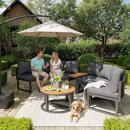Easexcy Gartenmöbel-Set für 4-6 Personen, Garten Loungesessel Set, Bequeme Gartenmöbel mit grauen Sitzpolstern und Kissen, verstellbare Beine, rundes Sofa, grau (4-6 Personen)