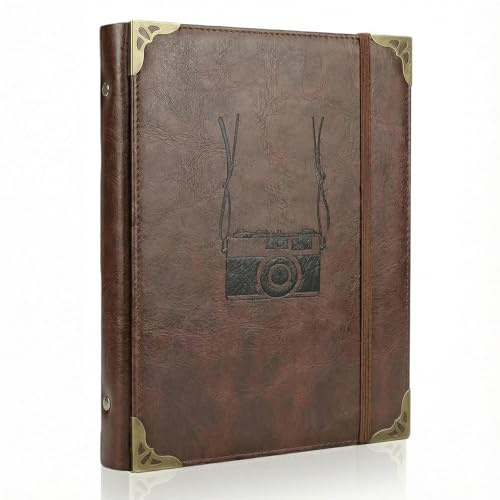 ThxMadam Vintage Scrapbook zum Selbstgestalten, Großes Fotoalbum 24,5 x 20,5 cm, 3-in-1 Ringbuch zum Einkleben & Einstecken, Braunes PU-Leder Fotobuch mit Kamera-Prägung für Reisen & als Geschenk