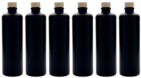 Flaskland 6 x 500 ml stengodsflaska med trähandtag för likörer, vinäger, olja, sprit – värmebeständig, ljusskyddande tonflaska | Tillverkad i Tyskland (svart)