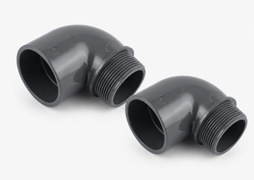Poolmart Winkel 90° PVC-U 50 mm x 1 1/2 Klebemuffe x Außengewinde, 10 bar, Grau, PVC Fitting für Rohrsysteme, Pool, Bewässerung, Industrie (50 mm x 1 1/2 Zoll, 2 Stück)